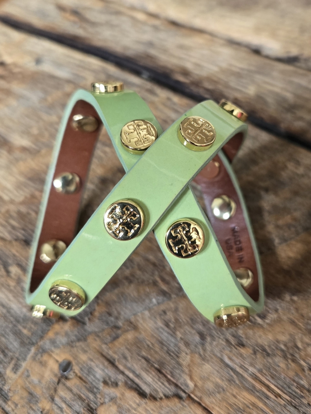 Tory Burch Green Leather Logo-Stud Bracelet